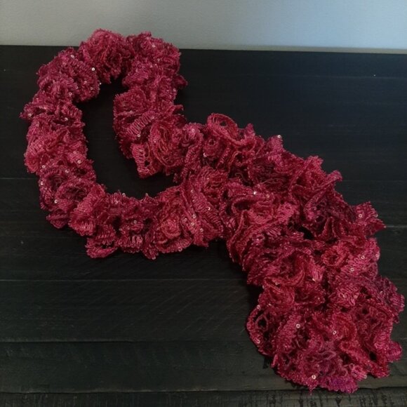 3/$20 Handmade Ruffled Sequin Infinity Scarf Magenta Stretchy Fall Winter - Picture 8 of 11